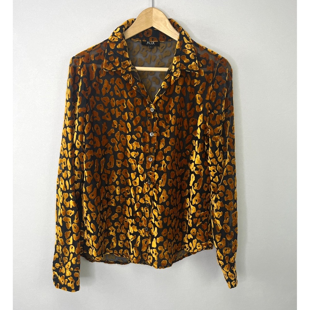 ALIX the Label Leopard Print Top Button Up Sheer Velvet Burnout Gold Black Sz S